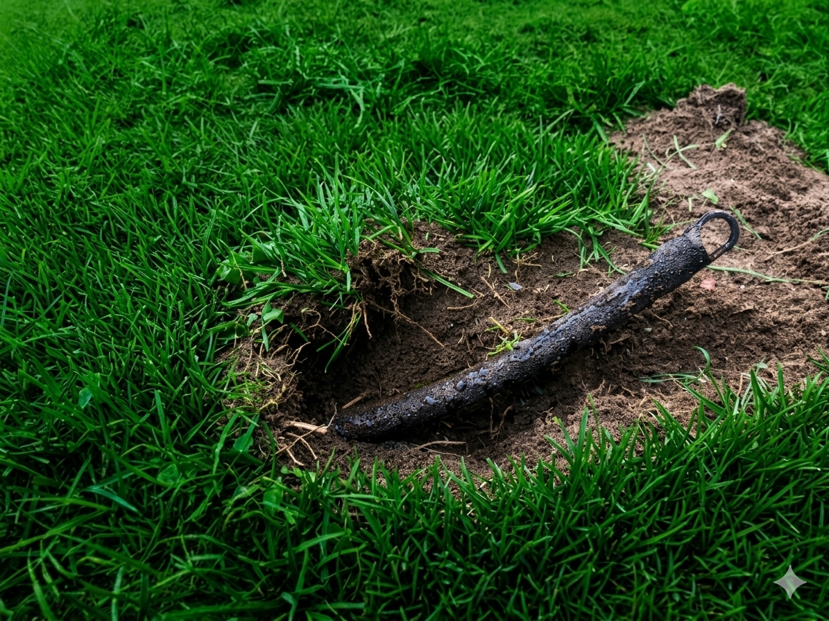 Mikroporiger IRRIGATECS® Bewässerungsschlauch im aufgegrabenen Boden, feucht am Ende eines 72 Meter langen Strangs